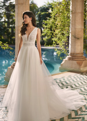 V Neck Ivory Lace Tulle Square Back Unusual Wedding Dress